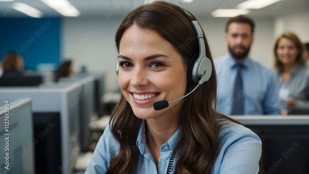 Smiling confidently, a brunette agent in a blue outfit assists clients in a bustling call center. Smiling confidently, a brunette agent in a blue outfit assists clients in a bustling call center.