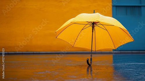 Wallpaper Mural Yellow umbrella on wet ground against a yellow and blue wall. Torontodigital.ca