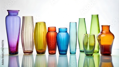 Colorful collection of glass vases arranged elegantly against a clean white backdrop