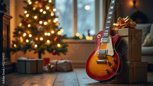 Electric guitar propped against a gift box near a decorated Christmas tree. photo