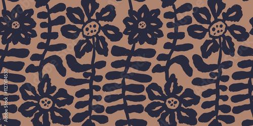 Brush strokes inky flowers brown seamless pattern. Abstract floral contemporary background. Textured botanical minimalist wallpaper