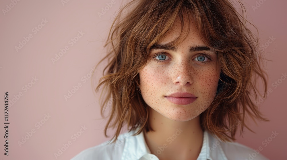 Portrait of a young woman with blue eyes and freckles wearing a white shirt against a soft pink background, showcasing natural beauty and serene expression Portrait of a young woman with blue eyes and freckles wearing a white shirt against a soft pink background, showcasing natural beauty and serene expression