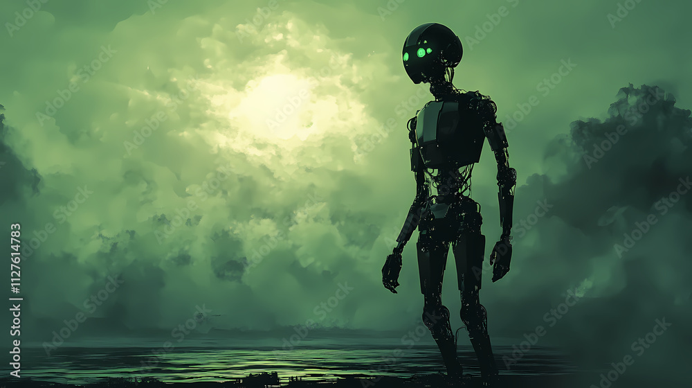 Futuristic metallic robot silhouette in mysterious digital landscape. Mystify. Illustration Futuristic metallic robot silhouette in mysterious digital landscape. Mystify. Illustration