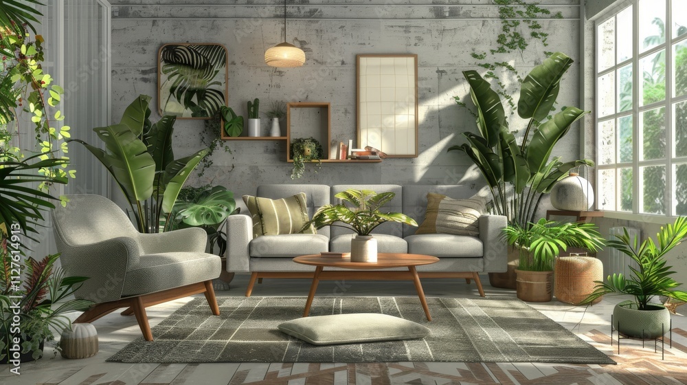 Fototapeta premium Mid-Century Modern Living Room Design with Retro Grey Armchair