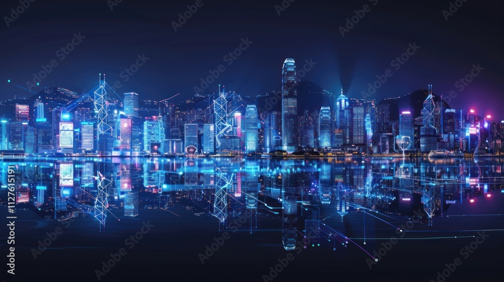 Fototapeta premium A panoramic view of the Hong Kong skyline at night, with digital connections and data visualizations overlaying the cityscape