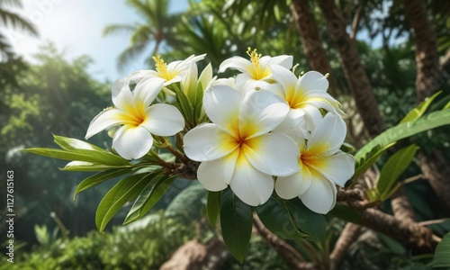 Round plumeria alba bloom in natural environment, greenery, fragrant aroma photo