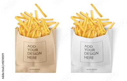 White and kraft paper bags for french fries packaging to takeaway. Food go, fried potato pack design mockup. Isolated on white background. Realistic. Vector illustration.