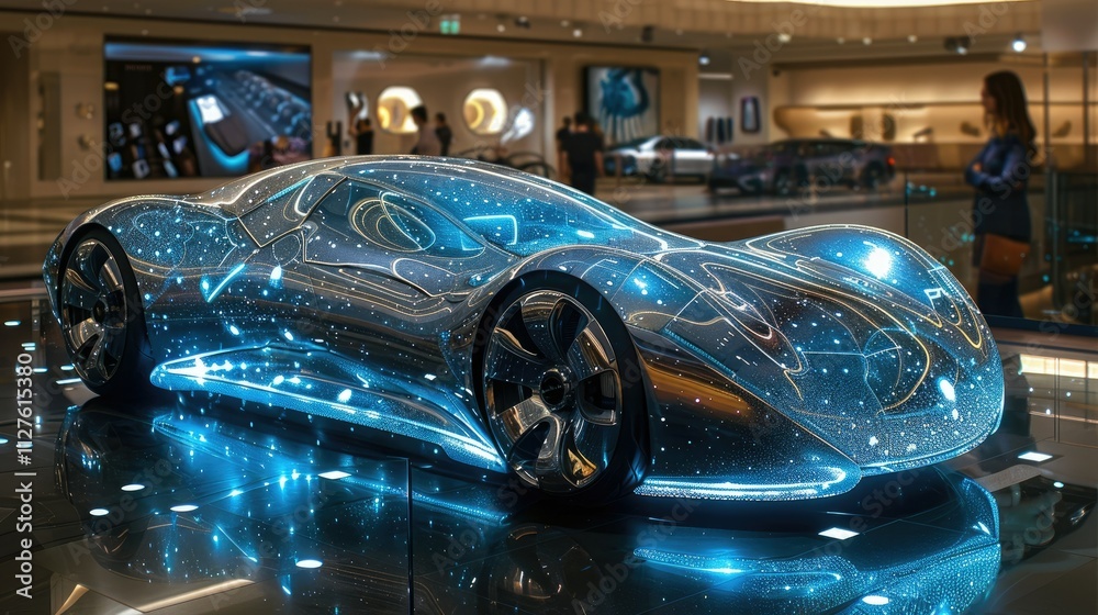 Futuristic electric car concept showcased in a modern showroom with glowing lines. Futuristic electric car concept showcased in a modern showroom with glowing lines.