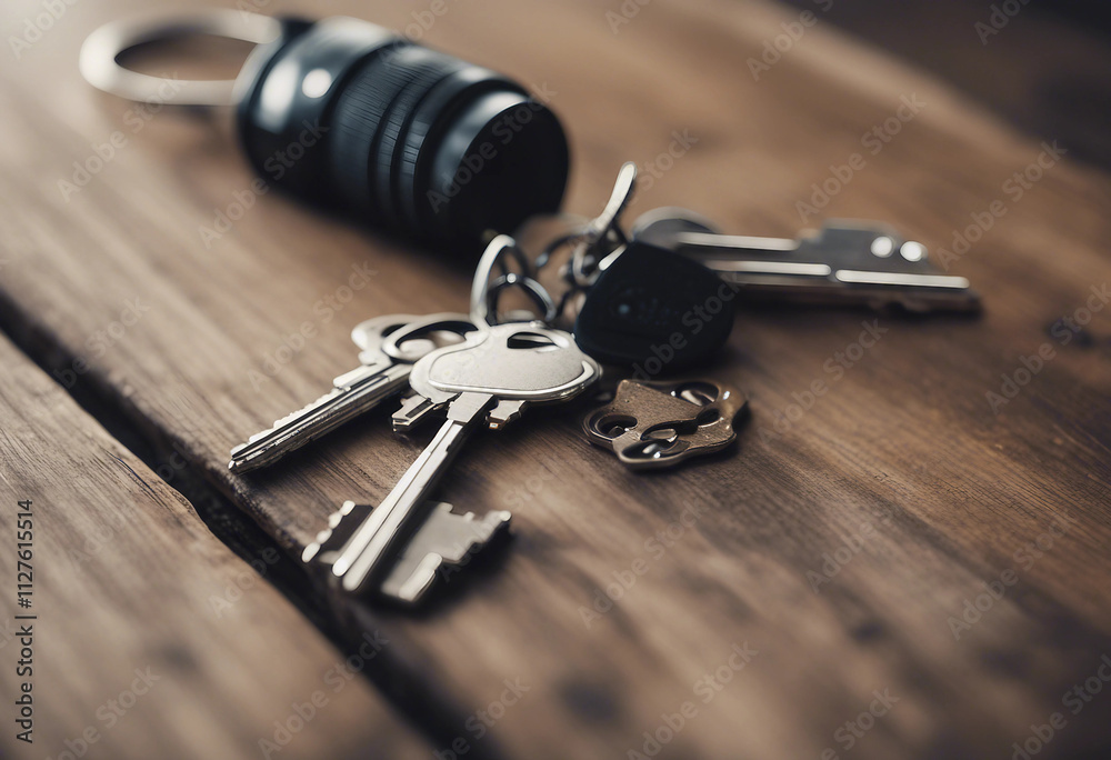 House Key And Keychain On Wooden Table House Key And Keychain On Wooden Table