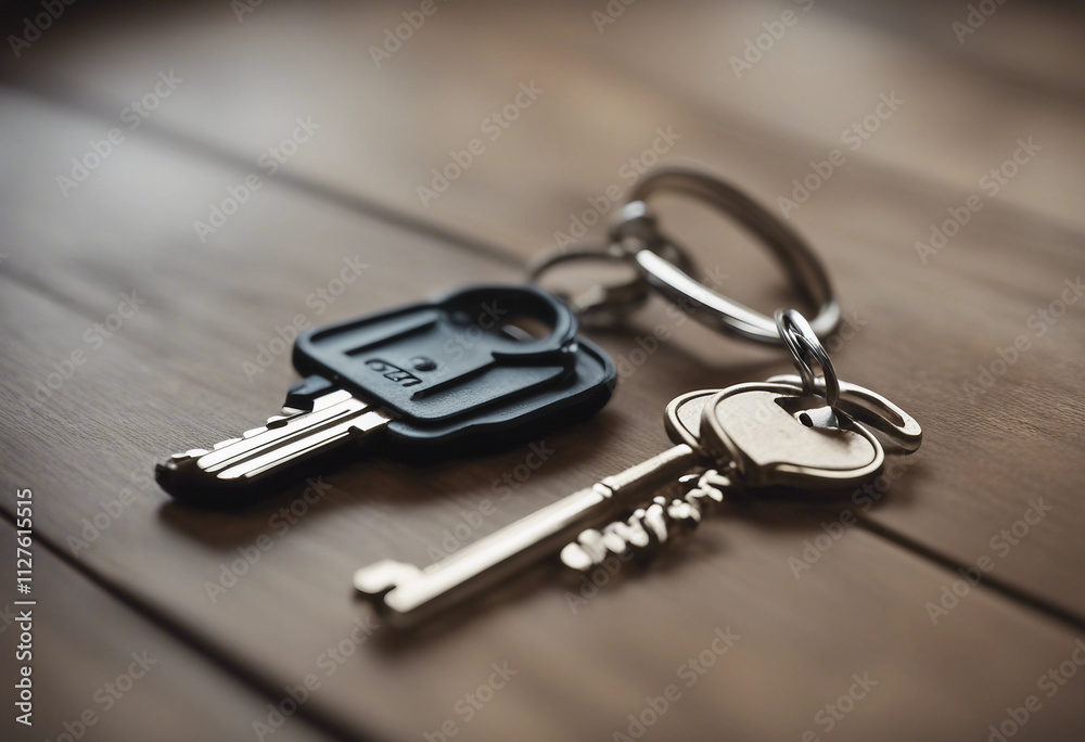House Key And Keychain On Wooden Table House Key And Keychain On Wooden Table