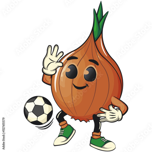 cute onion character playing football or soccer ball with his feet, cartoon vector illustration, work of hand drawn