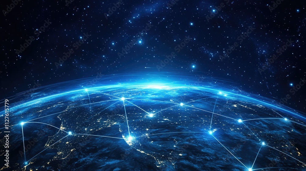 Global network connection, illuminated Earth at night, digital lines connecting continents. Global network connection, illuminated Earth at night, digital lines connecting continents.