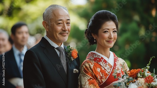 Happy Japanese couple at wedding ceremony, father and daughter smiling. photo