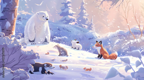 Fototapeta Naklejka Na Ścianę i Meble -  Polar bear and forest animals in snowy winter scene.