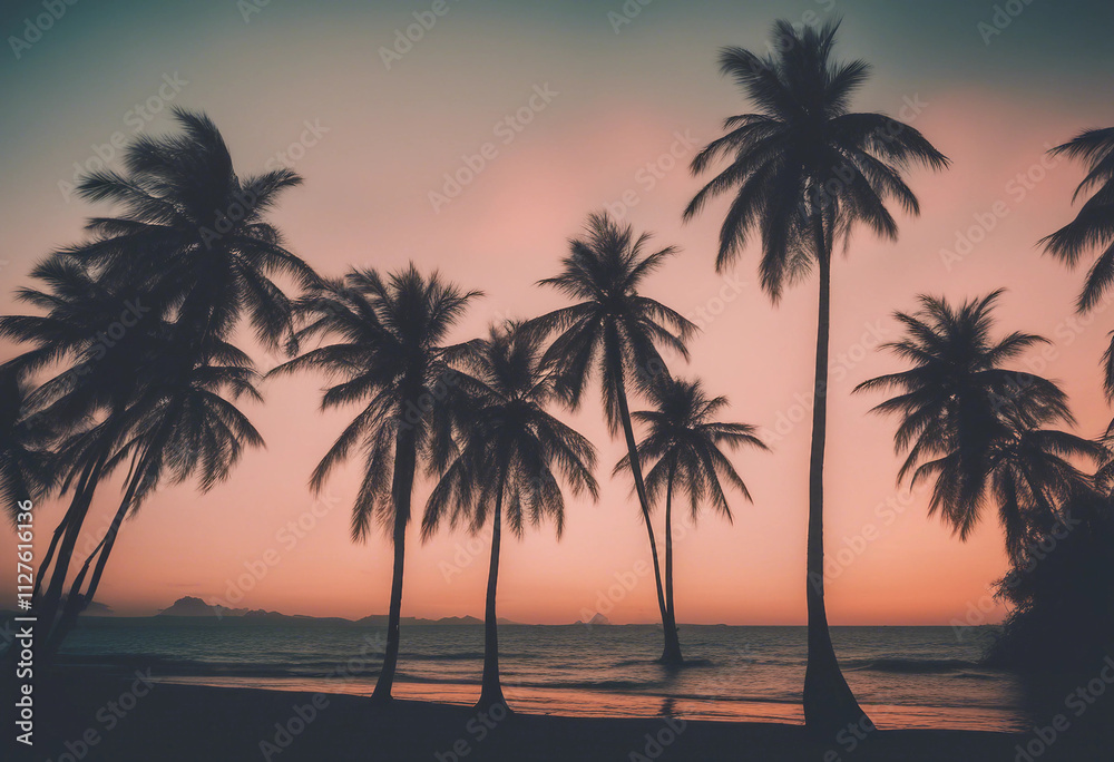 Palm Trees Silhouettes On Tropical Beach At Sunset Modern Vintage Colors Palm Trees Silhouettes On Tropical Beach At Sunset Modern Vintage Colors