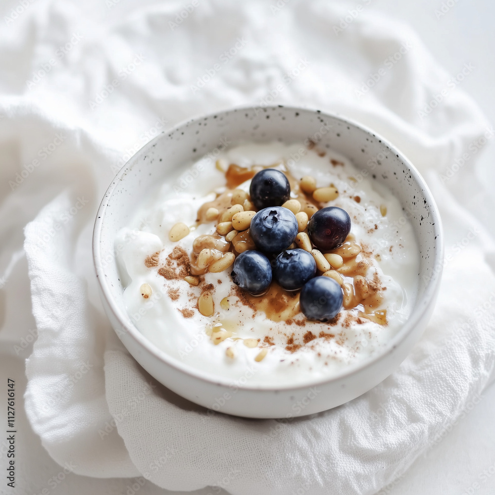 Minimalist Food Image with Coconut Yogurt, Granola, Peanut Butter, Blueberries, Pine Nuts, Honey, and Cinnamon Minimalist Food Image with Coconut Yogurt, Granola, Peanut Butter, Blueberries, Pine Nuts, Honey, and Cinnamon