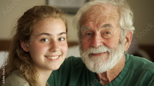 Heartwarming Moment Between Elderly Man and Young Woman Smiling Together, Capturing a Generational Bond and Joy in a Natural Setting