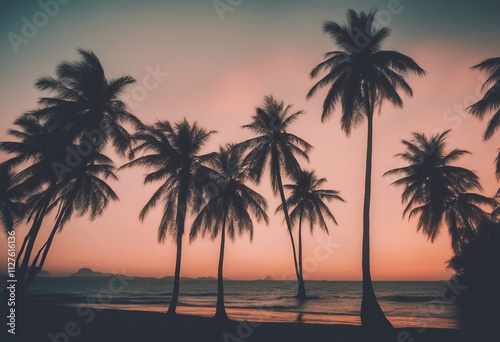 Palm Trees Silhouettes On Tropical Beach At Sunset Modern Vintage Colors