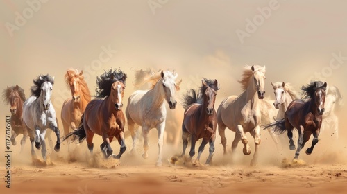 A herd of horses running in the desert during sunset with camels in the background and a silhouette of a caravan