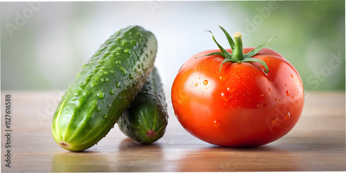 Fresh cucumber and ripe tomato displayed in a minimalistic setting with soft natural light enhancing their textures background  photo