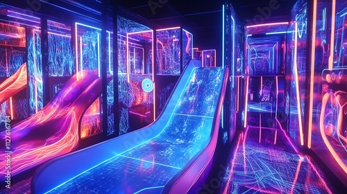 Futuristic neon-lit indoor playground with slides and interactive elements.