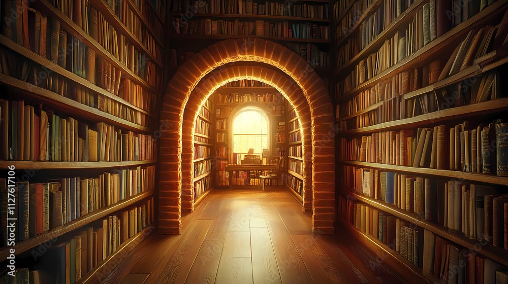 Mysterious library interior with archway. Mystify. Illustration Mysterious library interior with archway. Mystify. Illustration