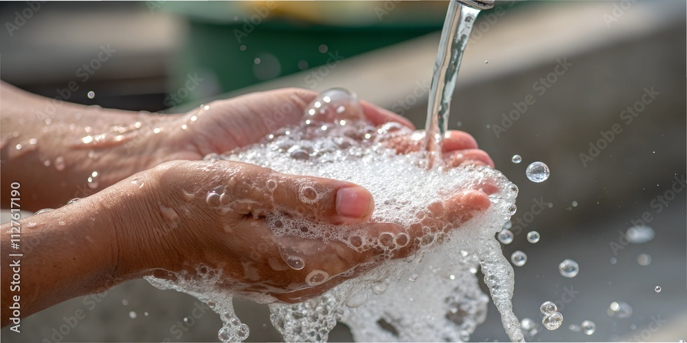 Fototapeta premium Rinsing soapy hands under running water while cleaning in a bright setting during a sunny day background 