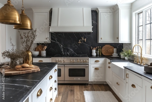 Modern kitchen with white cabinets, black marble countertops, gold hardware, and farmhouse sink.