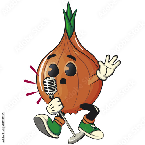 cute onion character sing earnestly with maximum style, cartoon vector illustration, work of hand drawn
