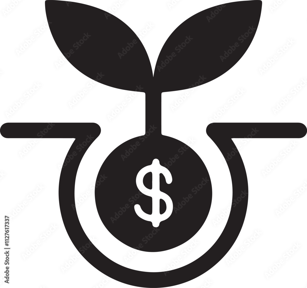 Illustration of a silhouette icon featuring a plant seedling and money Illustration of a silhouette icon featuring a plant seedling and money