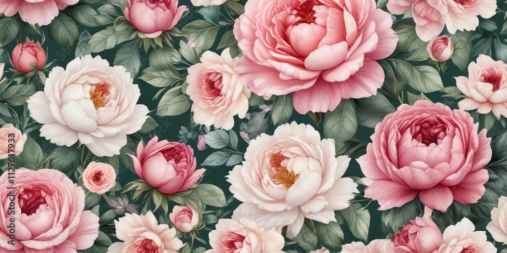 Fototapeta premium Seamless floral pattern with watercolor roses and peony flowers, feminine, nature