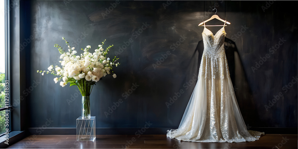 Elegant wedding dress hanging on a hanger against a black wall in a ...