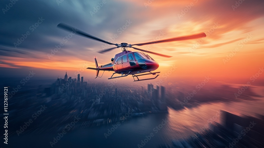 Red Helicopter Flying Over City at Sunset - Dynamic Aerial View Red Helicopter Flying Over City at Sunset - Dynamic Aerial View