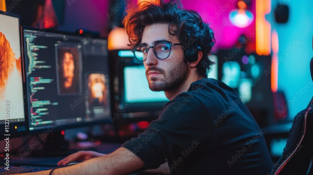 Focused Male Programmer Coding in Neon-Lit Room Focused Male Programmer Coding in Neon-Lit Room