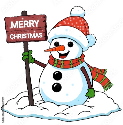 Christmas Snowman with Hat and Scarf holding Merry Christmas sign.
