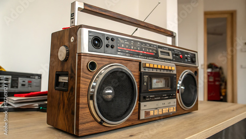 Old-school boombox with dual cassette decks photo