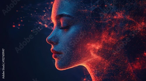 Wallpaper Mural Serene woman's profile, rendered in glowing particles, red and blue hues. Torontodigital.ca
