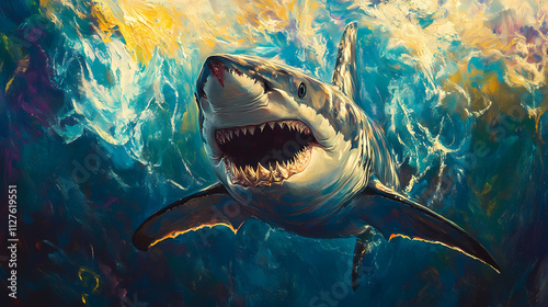 Fototapeta Naklejka Na Ścianę i Meble -  Surreal painting of a shark. Mystify. Illustration