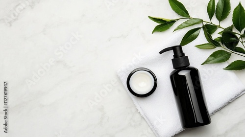 Skincare products on marble background.