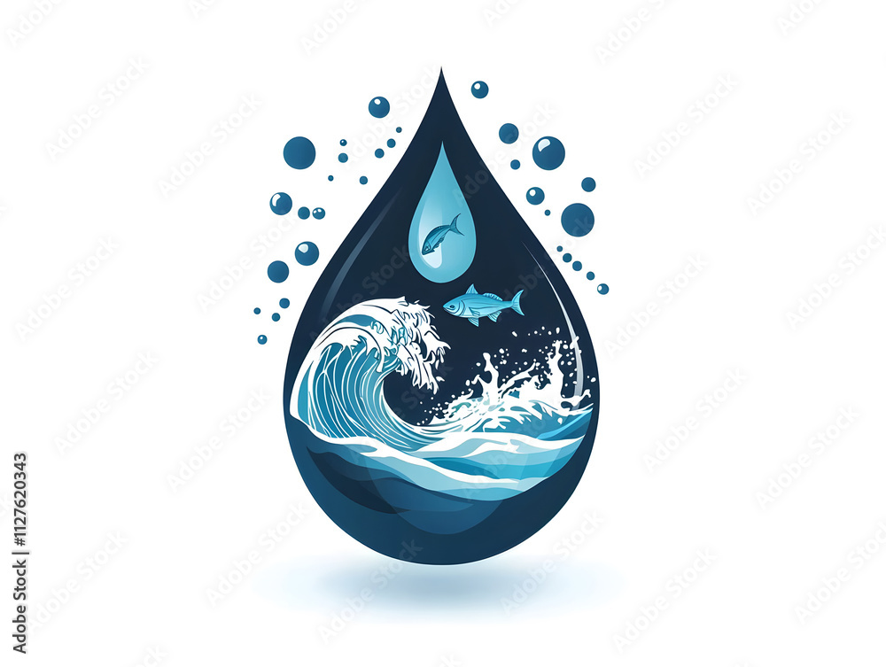 Obraz premium sustainability: A water droplet with a fish and wave inside