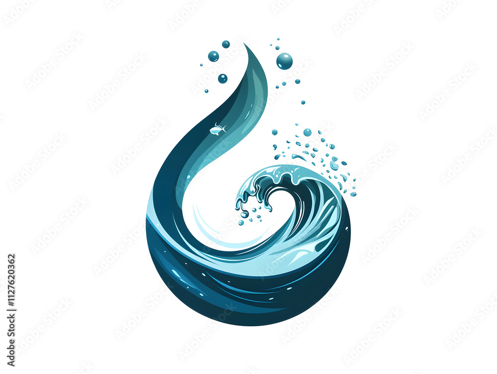 sustainability: A water droplet with a fish and wave inside sustainability: A water droplet with a fish and wave inside