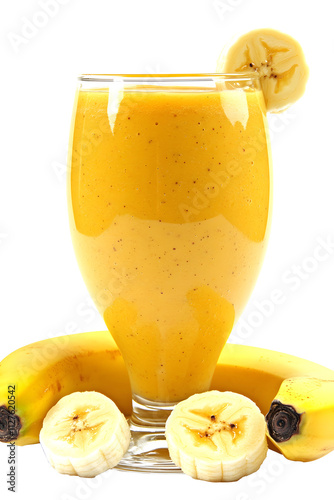 Glass of banana smoothie with bananas on white background. photo