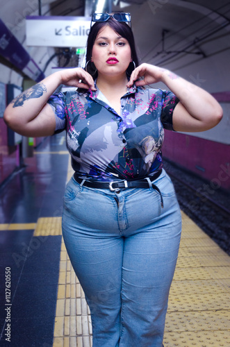 Beauty brunette chuby girl with glasses posing in a subway station photo