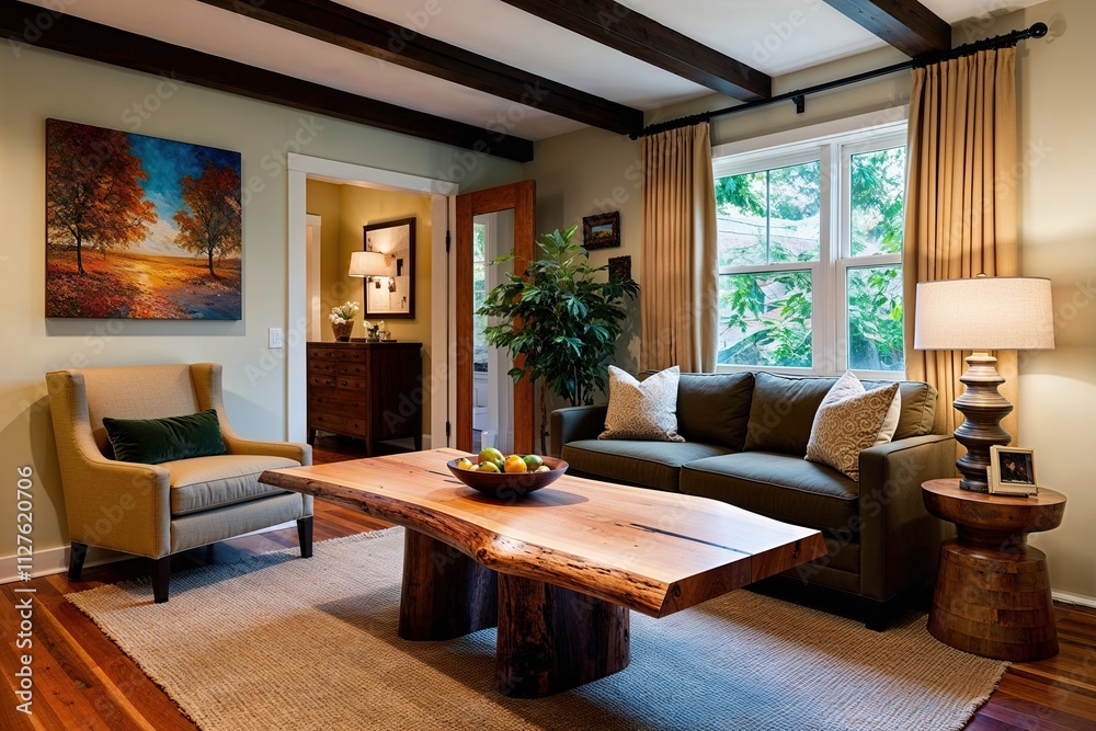 Fototapeta premium Cozy Eclectic Home Retreat Featuring Live Edge Maple Table and Warm Beige Armchair
