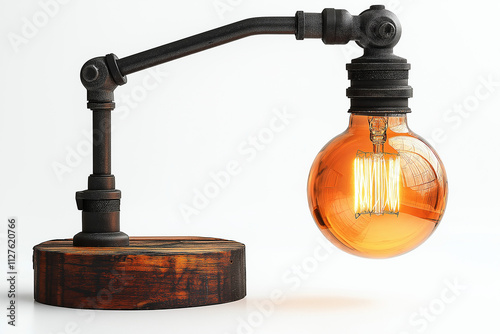 Photo studio d'une lampe de bureau industrielle avec finition noire mate, bras ajustable et ampoule apparente, sur fond blanc photo