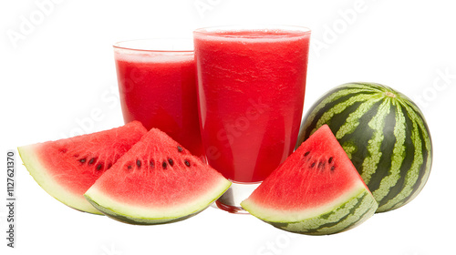 Watermelon smoothie in a glass with a watermelon slice, isolated on a white background. PNG transparent. photo