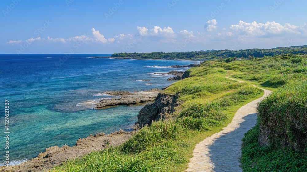 Fototapeta premium Scenic Coastal Pathway Along Vibrant Blue Ocean and Green Landscape