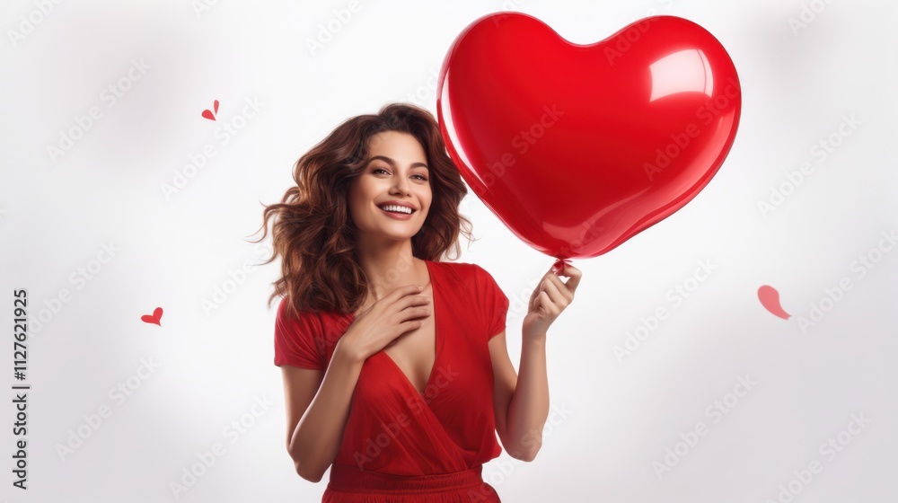Elegant young woman in stunning red dress joyfully holding a vibrant heart balloon in celebration Elegant young woman in stunning red dress joyfully holding a vibrant heart balloon in celebration