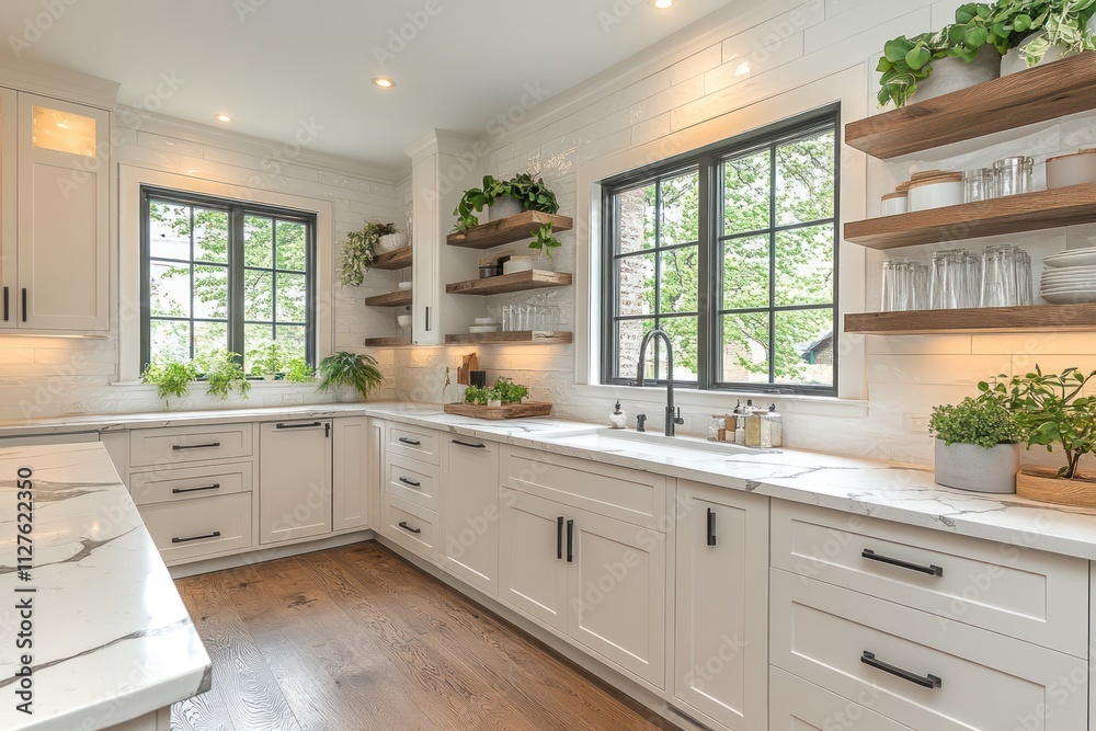 Fototapeta premium Bright white kitchen with marble countertops, wooden shelves, and hardwood floors.