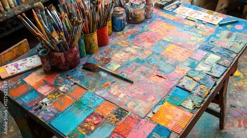 Colorful Art Studio Table with Brushes and Paints for Creativity